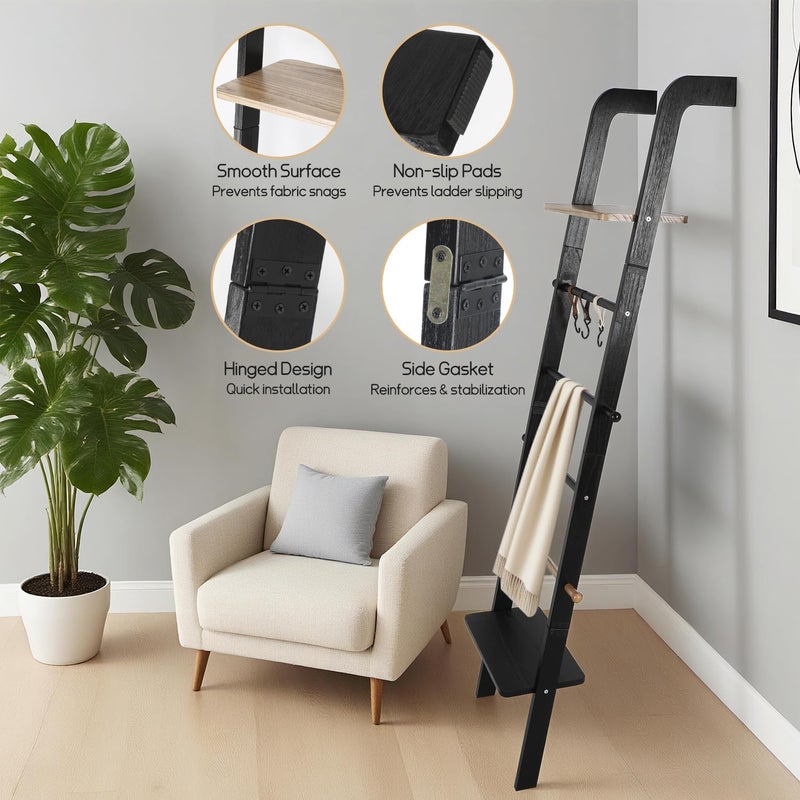 Fuairmee Wooden Ladder with Shelf for Decor, 6-Tier Decor Ladder with Non-Slip Mat & Hooks, Farmhouse Style Leaning Wall Display Holder, Black - Image 3